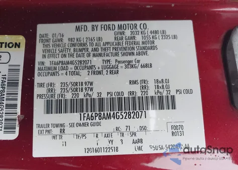 2016 Ford Mustang V6 z USA, uszkodzony, nr VIN 1FA6P8AM4G5282071